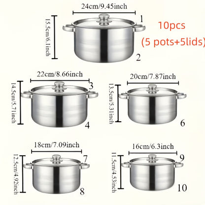 Stainless Steel Cookware Set 10 12 15 Piece Pots with Lids Double Handles Cooking Pot Set for Soup Hot Pot Noodles Pasta Home and Restaurant Kitchen Multiple Colors and Sizes Available