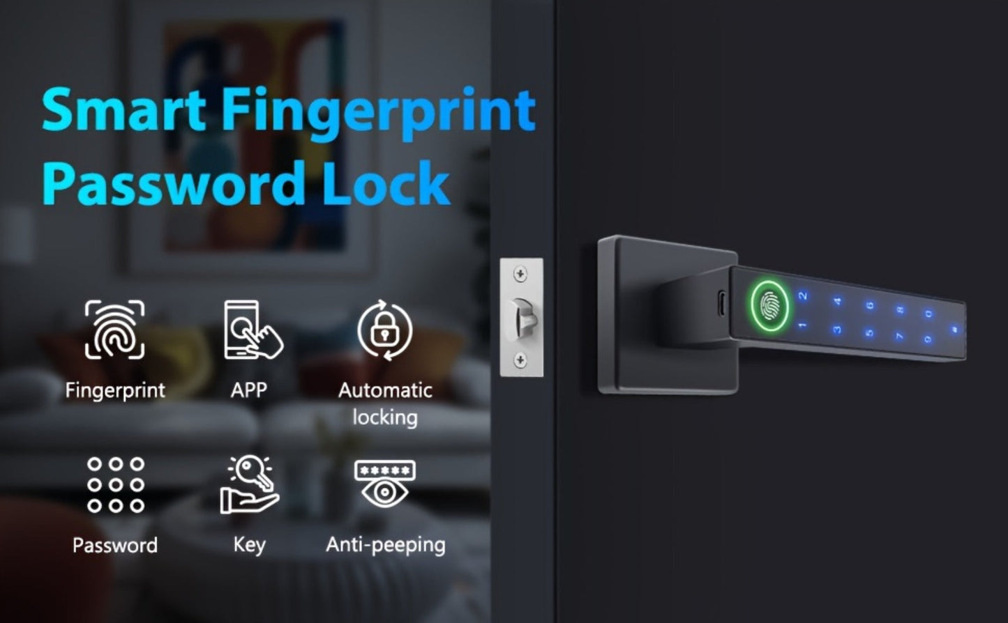 5-in-1 Smart Door Lock Handle with Fingerprint, App, Passcode, IC Card & Key - Anti-Peep, Left & Right Hand Compatible, Keyless Entry for Home, Office & Apartment, 2 IC Cards & 2 Keys Included