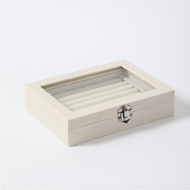 Jewelry Box with Locking Lid – 49-Ring Capacity Glass-Like Plastic Ring & Earring Organizer, Large Rectangular Storage Case, Waterproof Anti-Tarnish, 4 Colors, Holiday Gift