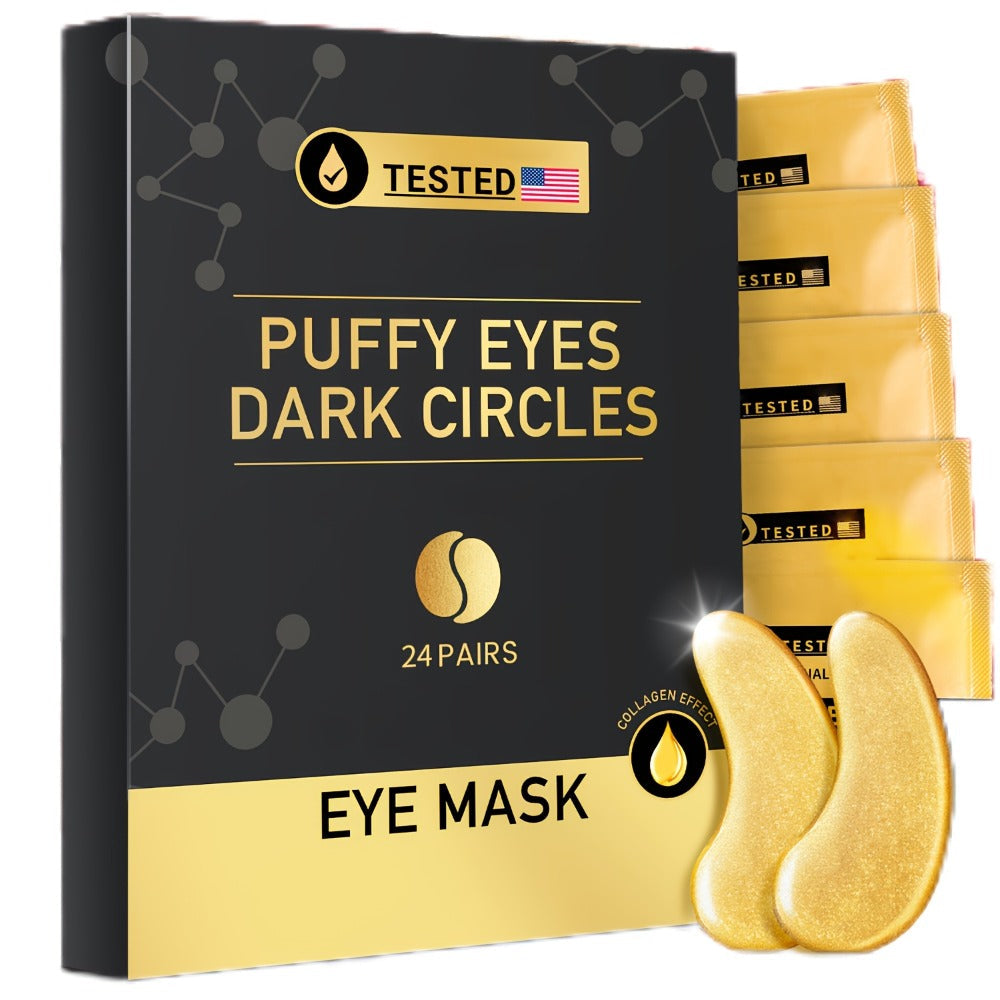 24-Pair Gold-Tone Under-Eye Patch Box with Individual Pouches and Collagen, Glycerin and Hyaluronic Acid Wording
