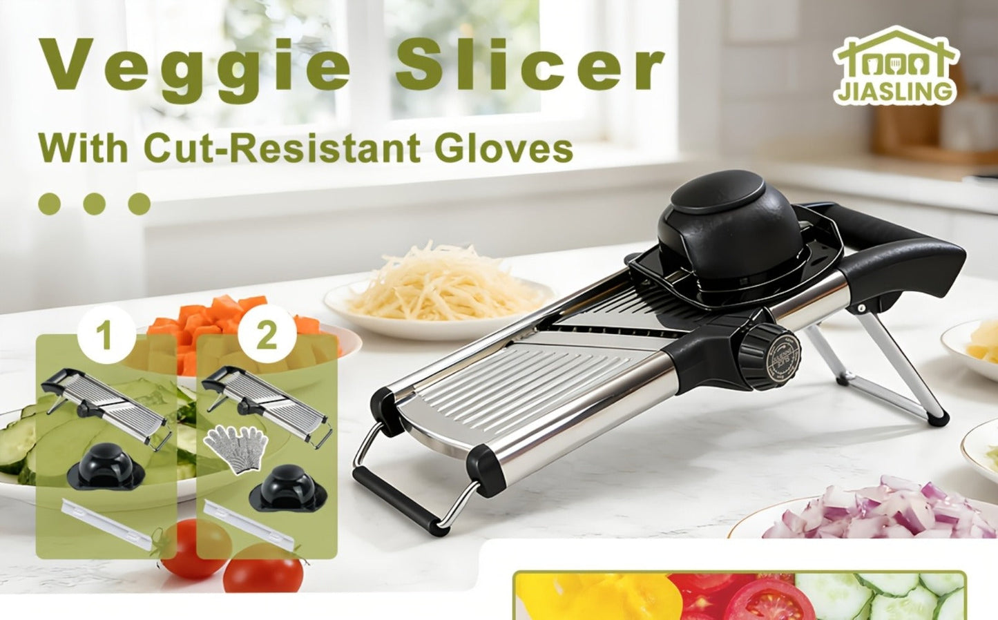 Adjustable Mandoline Slicer with Five Thickness Settings, Hand Guard and Optional Protective Gloves