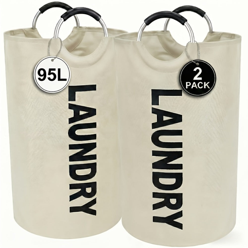 Two-Piece 95L Foldable Laundry Hamper Set with Ring Handles in 12 Solid or Mixed Color Options