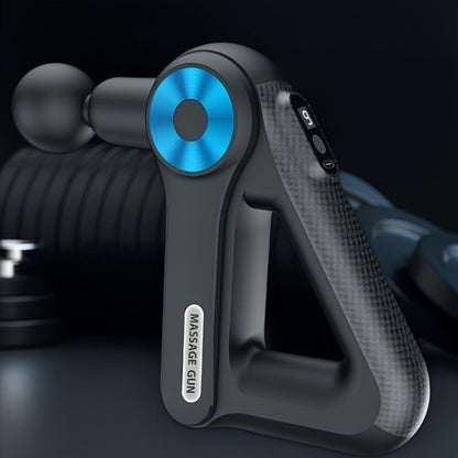 Triangular-Handle Massage Gun with Nine Pictured Attachment Heads, Blue Control Dial and Black Finish