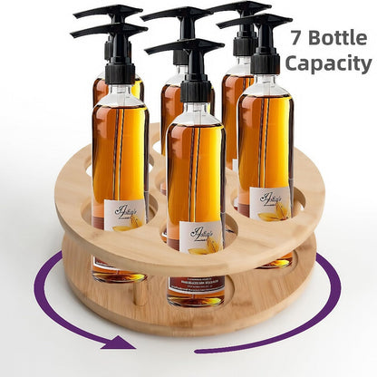 360 Rotating Bamboo Coffee Syrup Organizer 7-Bottle Holder Rack – Countertop Spice Condiment Storage Stand for Kitchen Bar Home Office Desktop Easy Assembly Scratch-Proof Base