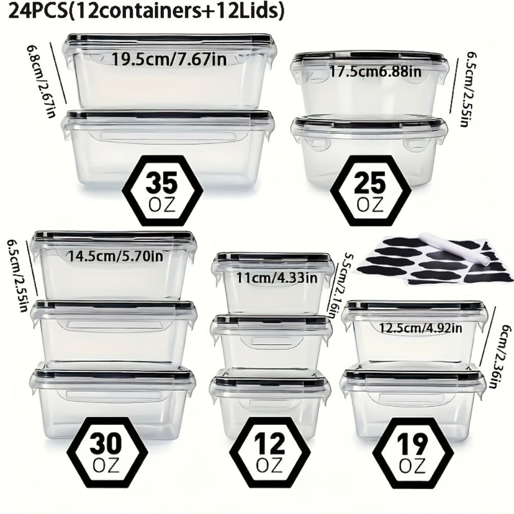 24 or 48-Piece Plastic Food Storage Container Set with Snap Lids, Labels and Marker for Pantry Organization