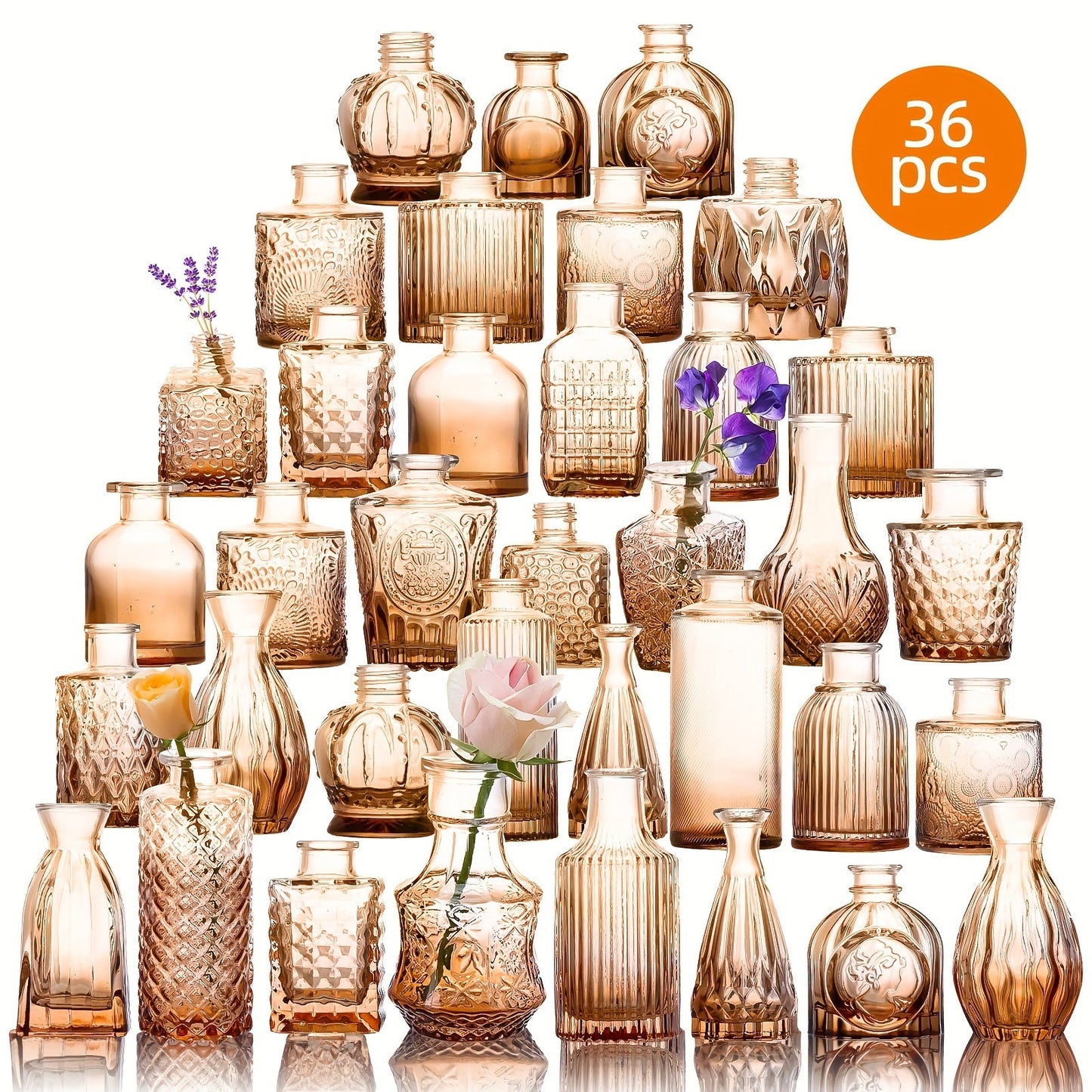 Amber Glass Bud Vases, 36-Piece Mixed Shape Bottle Set for Tables, Shelves and Event Centerpieces