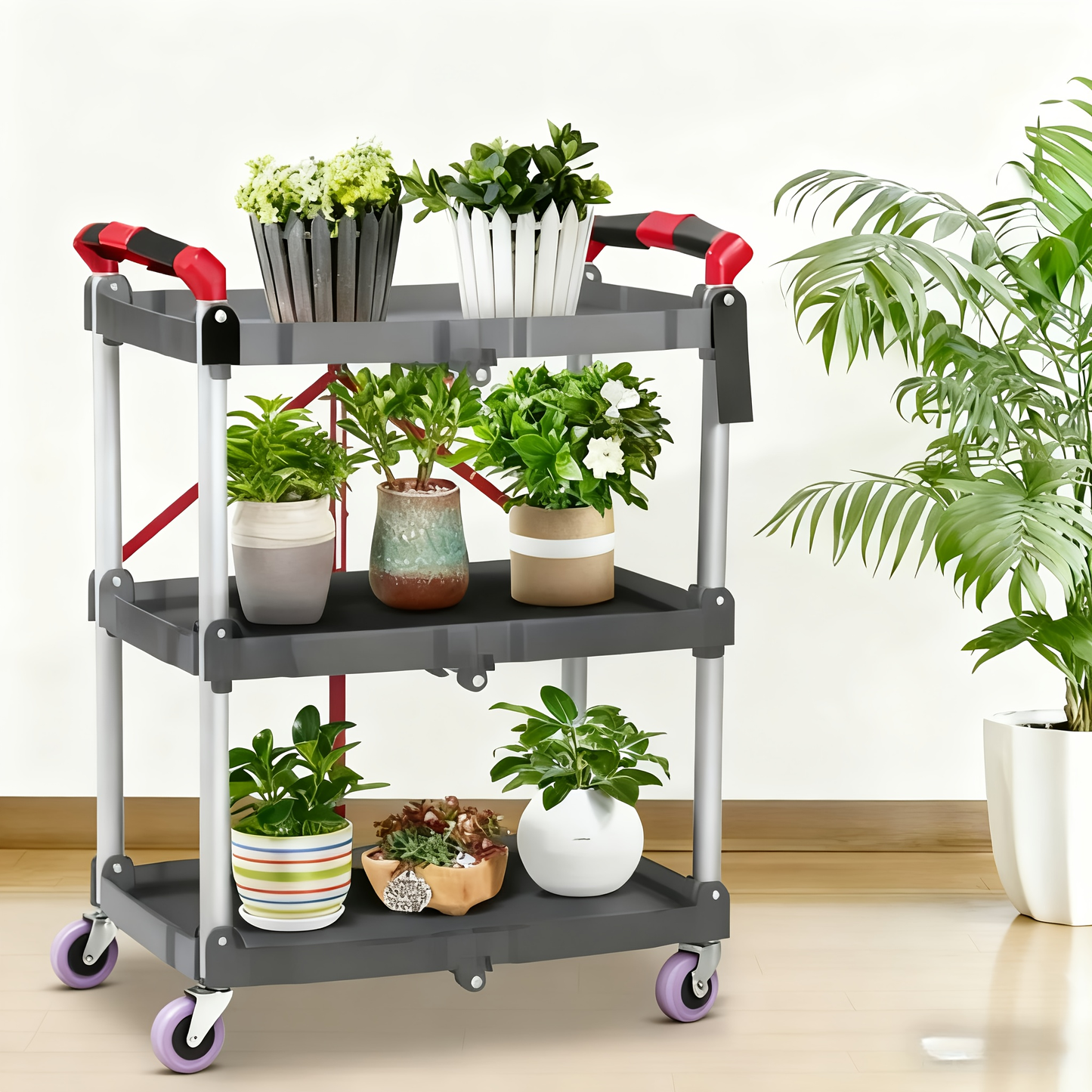 3-Tier Rolling Cart Collapsible Service Utility Cart on Wheels 56 LBS Per Shelf, Portable Folding 3 Shelf Cart Heavy Duty for Kitchen Office Garage Workshop