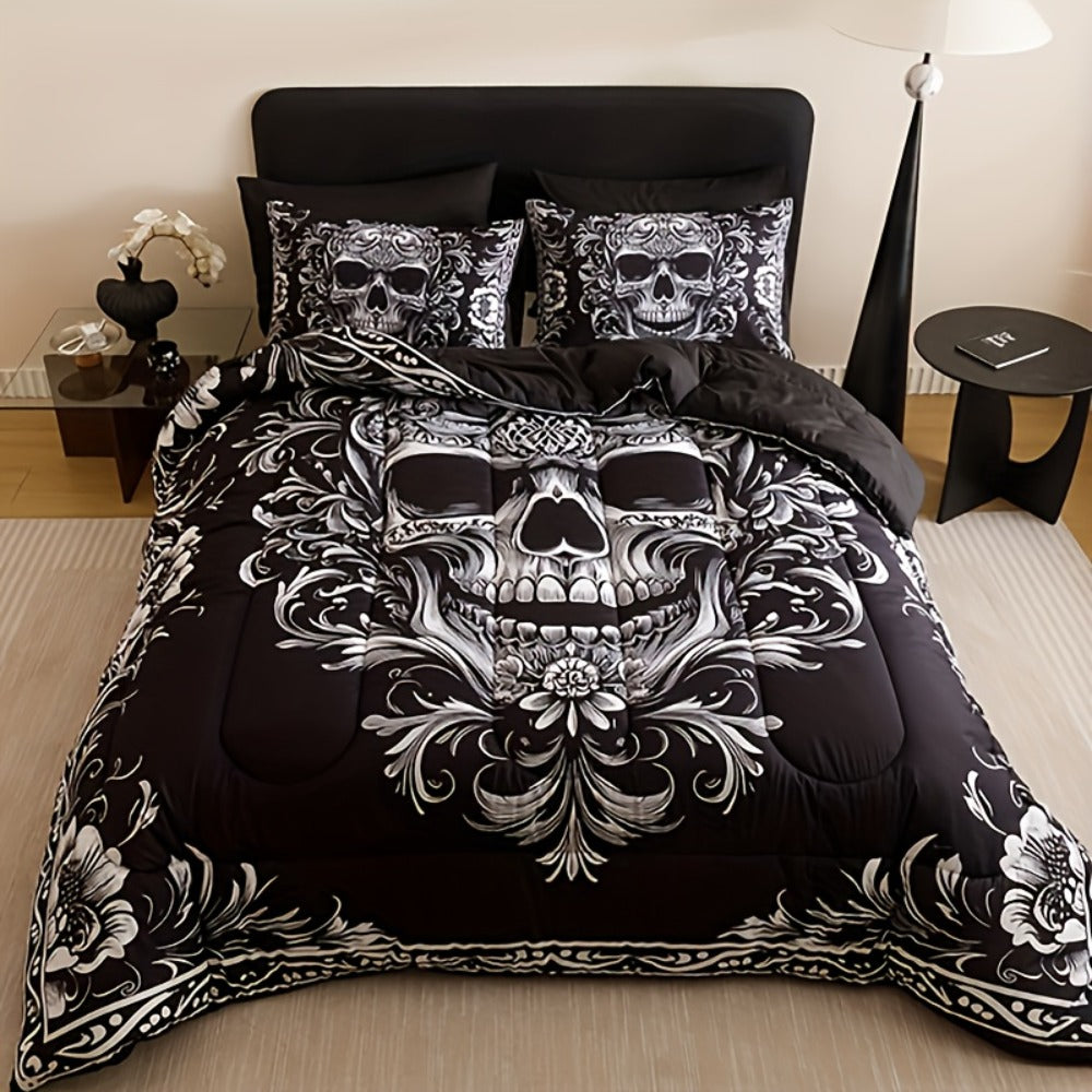 Gothic Skull Comforter Set with Two Pillowcases, Two Design Labels and Twin through King Sizes