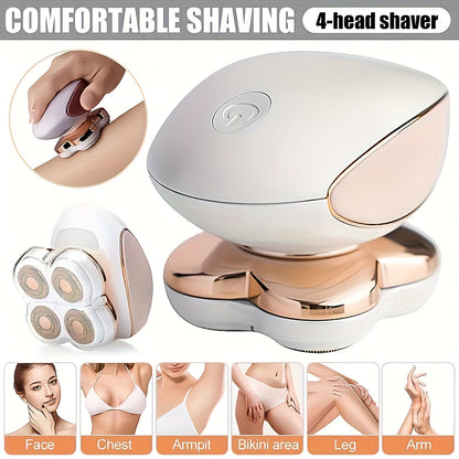 Women's Electric Shaver Full Body Hair Removal 4-Head 360° Rotating Wet Dry USB Rechargeable for Face Bikini Legs Arms Chest Underarms Travel-Friendly with Clipper Attachments