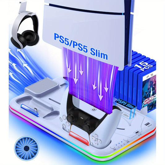 15-Game Storage PS5 Slim Stand with RGB Cooling Fan & Dual Controller Charging Station – Compatible with PS5 Slim Disc & Digital Edition, PlayStation 5 Accessories with RGB Light
