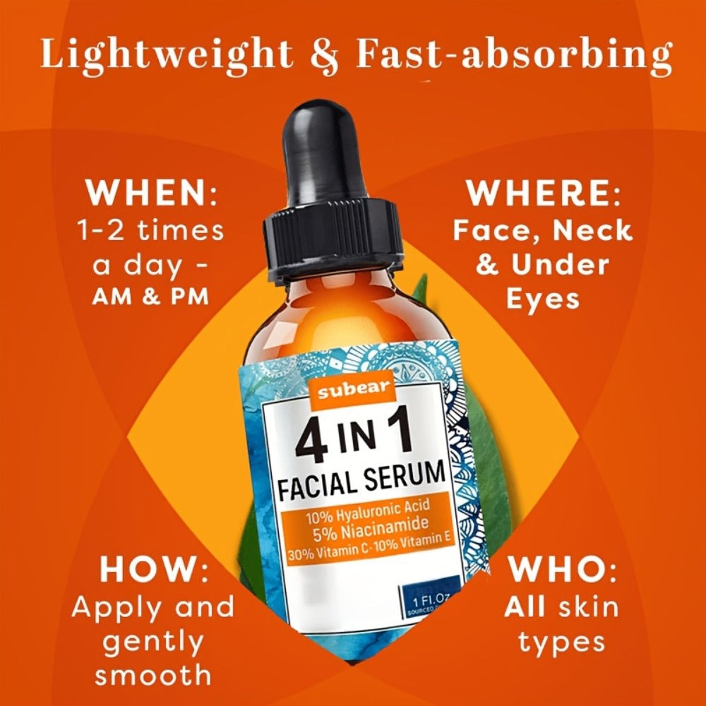 Face Serum 4-Piece Set with 30ml Hyaluronic Acid, Niacinamide, Vitamin C and Vitamin E Dropper Bottles