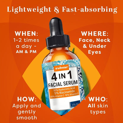 Face Serum 4-Piece Set with 30ml Hyaluronic Acid, Niacinamide, Vitamin C and Vitamin E Dropper Bottles