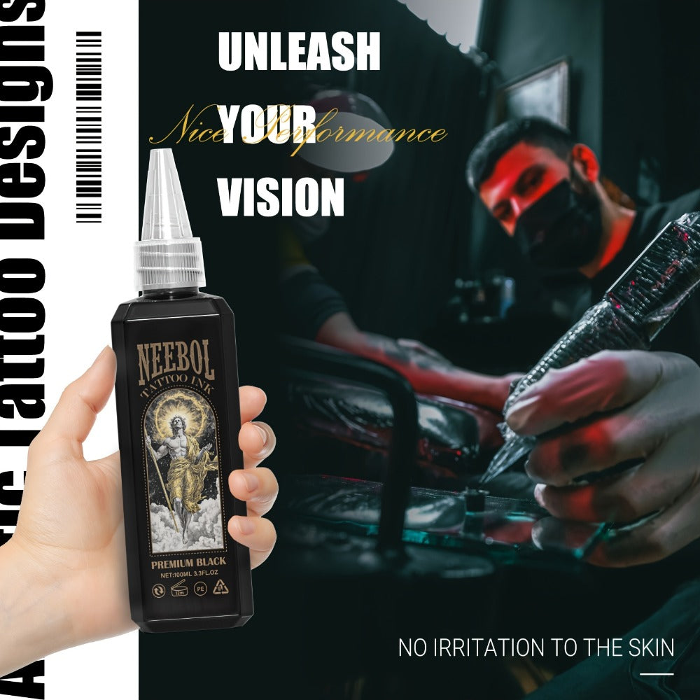 Black Tattoo Ink 3.38oz 100ml - Neebol Premium Super Dark Formula for Outlining Shading Blending, Long-Lasting Fade-Resistant Body Art Ink for Professional Tattoo Artists & Beginners