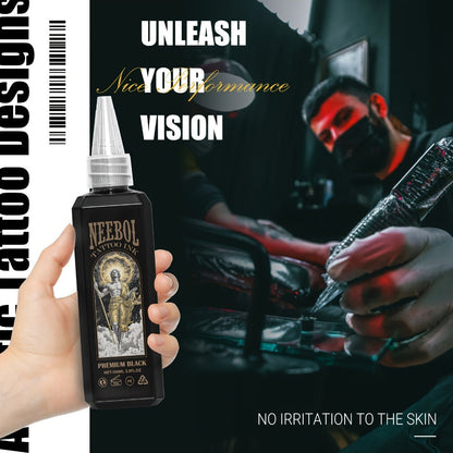 Black Tattoo Ink 3.38oz 100ml - Neebol Premium Super Dark Formula for Outlining Shading Blending, Long-Lasting Fade-Resistant Body Art Ink for Professional Tattoo Artists & Beginners