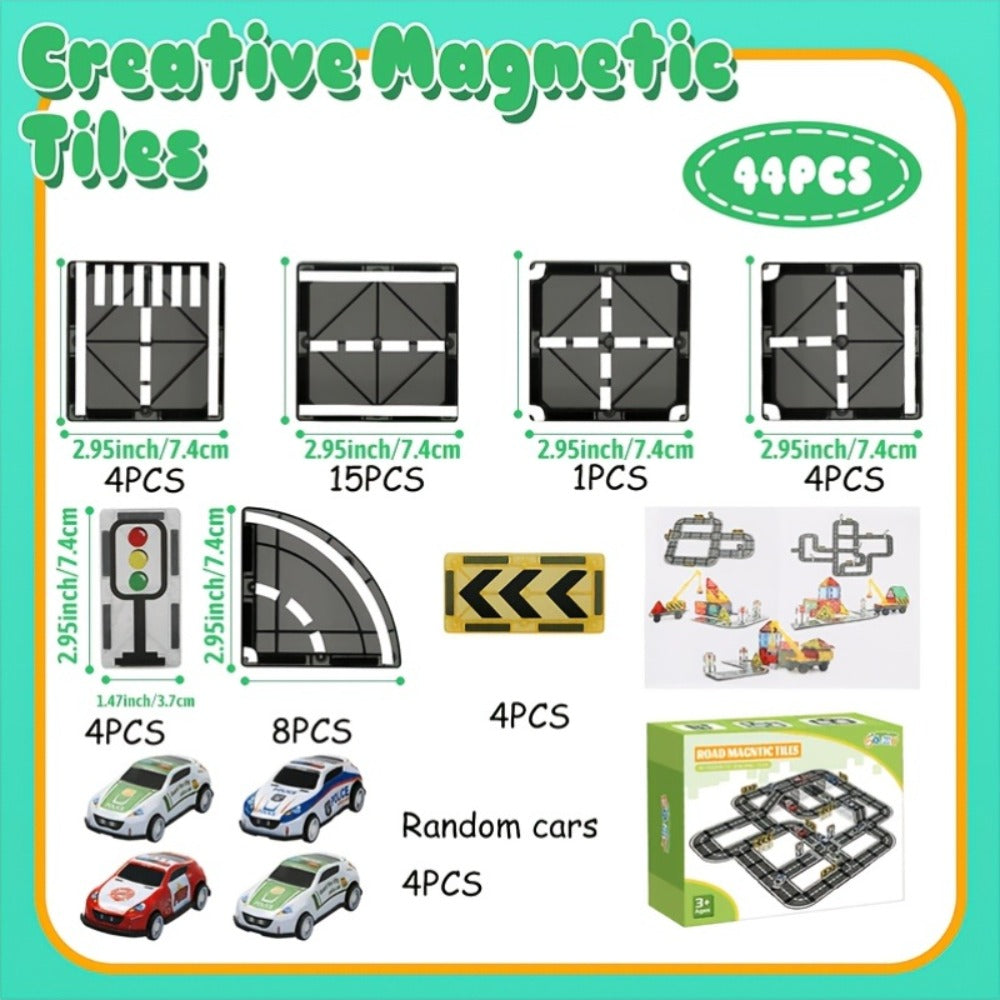 44-Piece Magnetic Road Tile Set with Pictured Cars, Signs, Signals and Black-and-White Track Sections