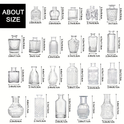 Assorted Clear Glass Bud Vase Set with 12, 24 or 64 Mixed Shapes for Flowers and Table Centerpieces