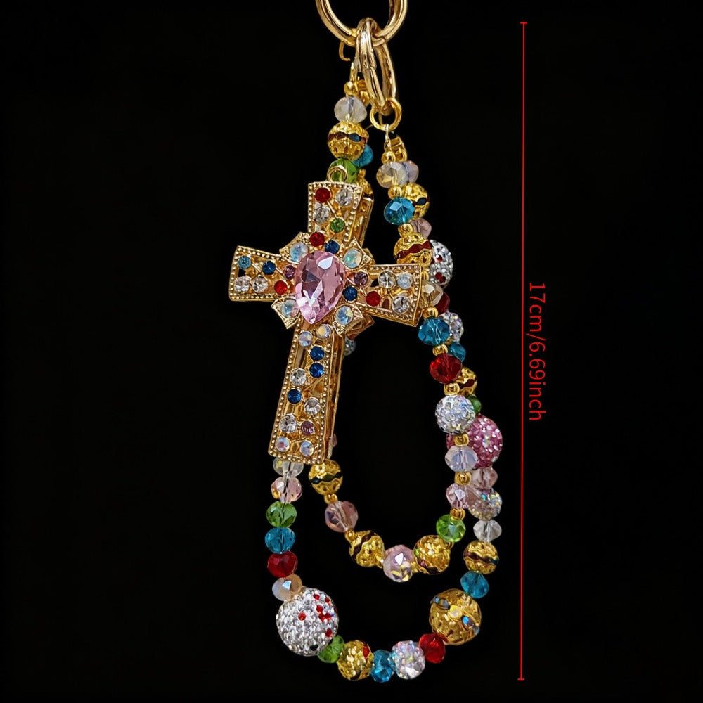 Colorful Crystal Cross Phone Chain Keychain with Rhinestone Beads and Gold-Tone Clasp for Bags or Phones