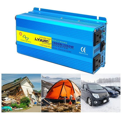 Blue 12V or 24V DC to 110V AC Power Inverter with 2000W Checkout Labels, USB Port and Battery Cables