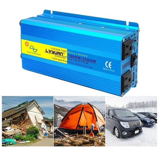 1000W Power Inverter Pure Sine Wave 2000W Peak DC 12V 24V to AC 110V US Socket Portable Car Truck Marine RV Vehicle Adapter Transformer No Battery Required