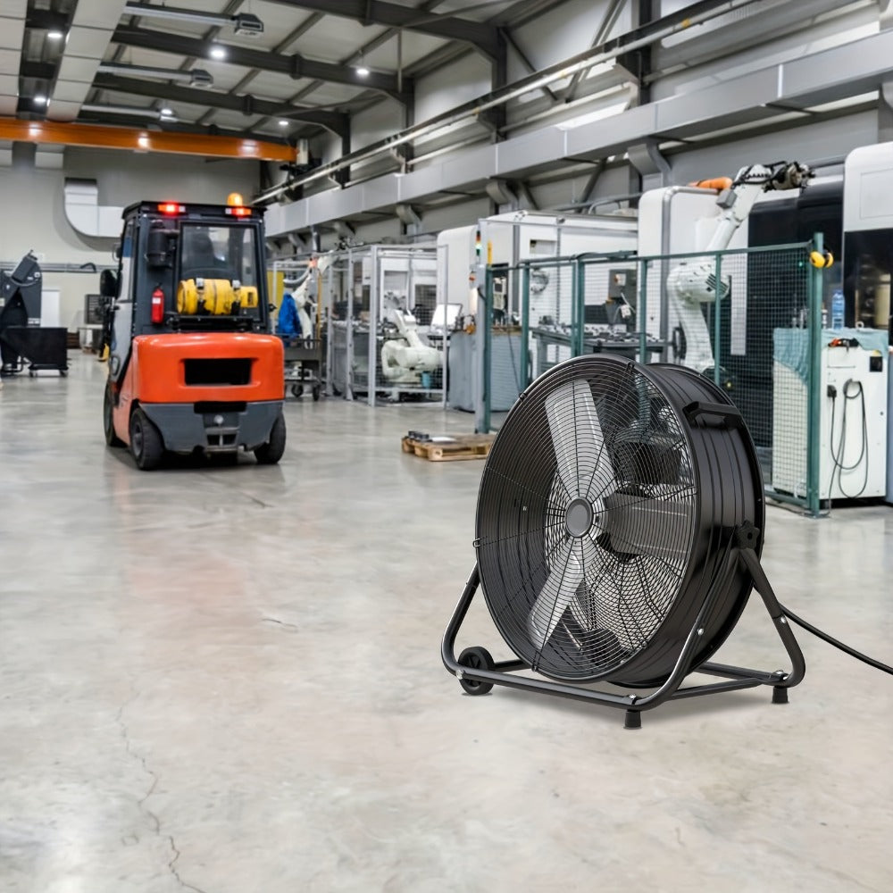 Industrial Drum Floor Fan with Three Speeds, Tilt Frame and 24- or 30-Inch Black, Orange, Green or Yellow Options