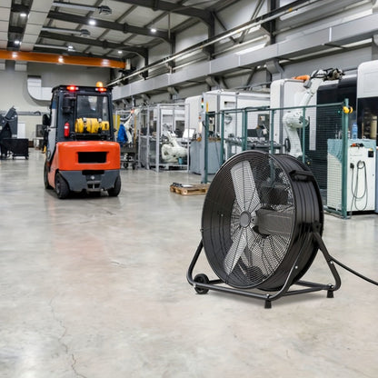 Industrial Drum Floor Fan with Three Speeds, Tilt Frame and 24- or 30-Inch Black, Orange, Green or Yellow Options