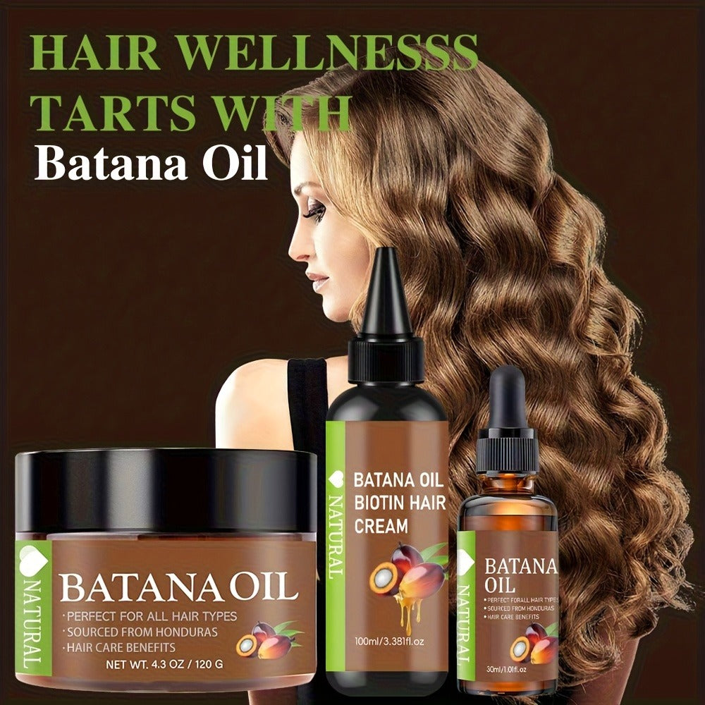 Honduran Batana Oil & Biotin 3-Piece Hair Care Set — Cold-Pressed Pure Extract, Nourishes Scalp, Strengthens Strands, Prevents Breakage & Split Ends, Adds Shine, All Hair Types, Unisex