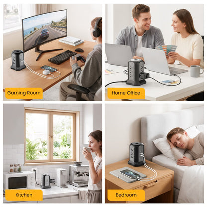 Surge-Protected Power Tower 13-in-1 with Wireless Charger, 9 AC Outlets & 4 USB Ports (2 USB-C PD18W), 1080J Surge Protector, 8ft Extension Cord – Multi-Color for Home Office Dorm