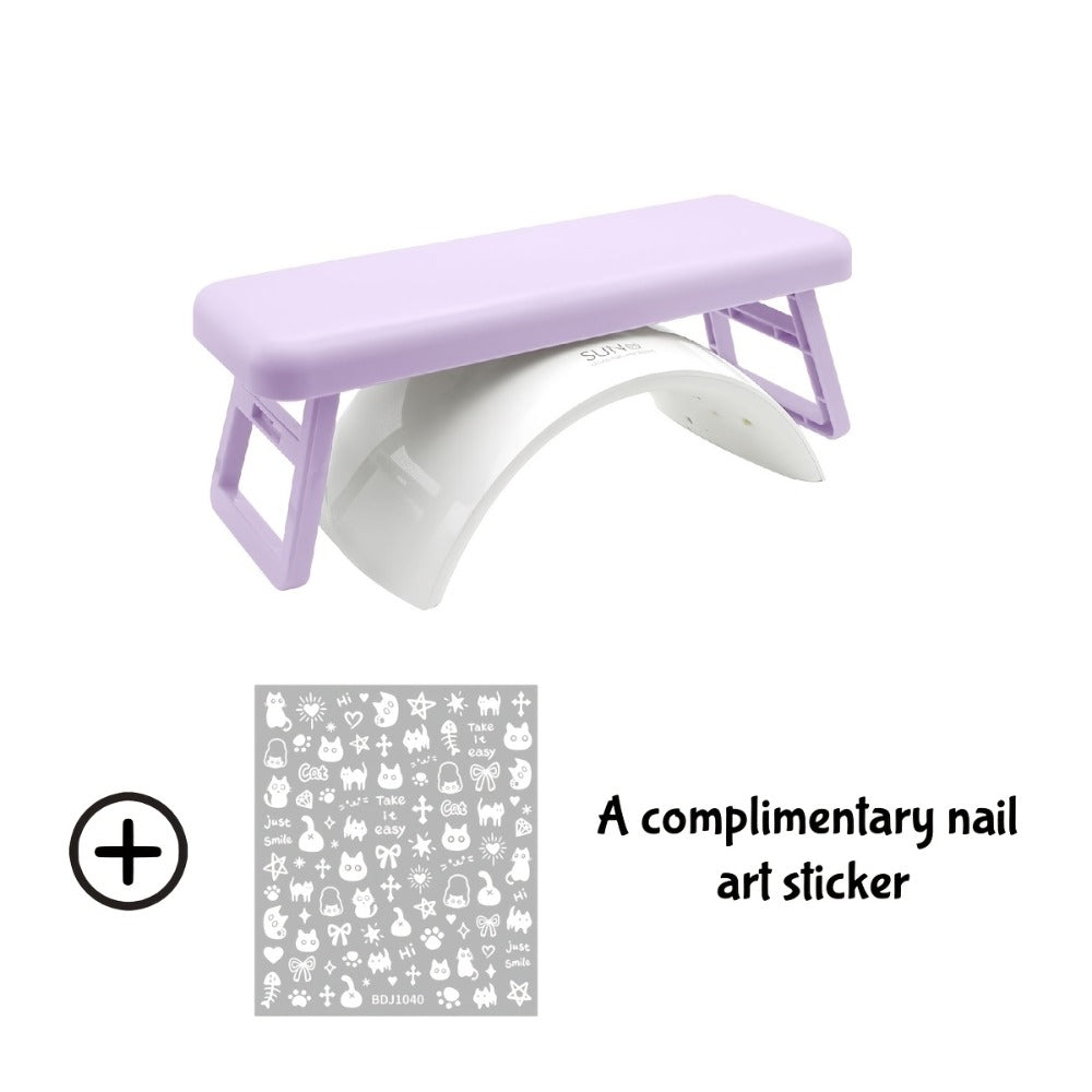 Folding Nail Armrest Stand in Pink, White or Purple with Selected Nail Sticker Checkout Options