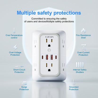 3-Sided Wall Outlet Extender 10-in-1 with 6 AC Outlets & 4 USB Ports (2 USB-A & 2 USB-C), 1050J Surge Protector Multi-Plug Adapter for Home, Travel, Office & College