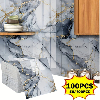 Peel and Stick Wall Tiles 50/100pcs Waterproof PVC Marble Self Adhesive Vinyl Tile Stickers for Bathroom Kitchen Living Room, TV Backdrop Shower Wall Panels Modern Home Decor Easy Installation
