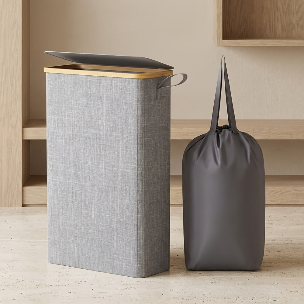 Slim Laundry Hamper with Lid & Removable Bag – Foldable Narrow Clothes Basket with Bamboo Handles for Bathroom, Bedroom & Dorm – 50L / 65L / 75L Space-Saving Collapsible Laundry Bin