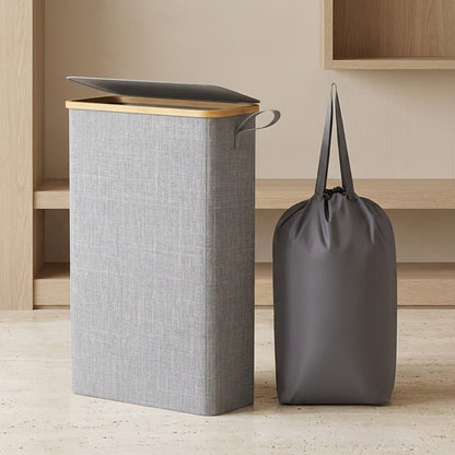 Slim Laundry Hamper with Lid & Removable Bag – Foldable Narrow Clothes Basket with Bamboo Handles for Bathroom, Bedroom & Dorm – 50L / 65L / 75L Space-Saving Collapsible Laundry Bin