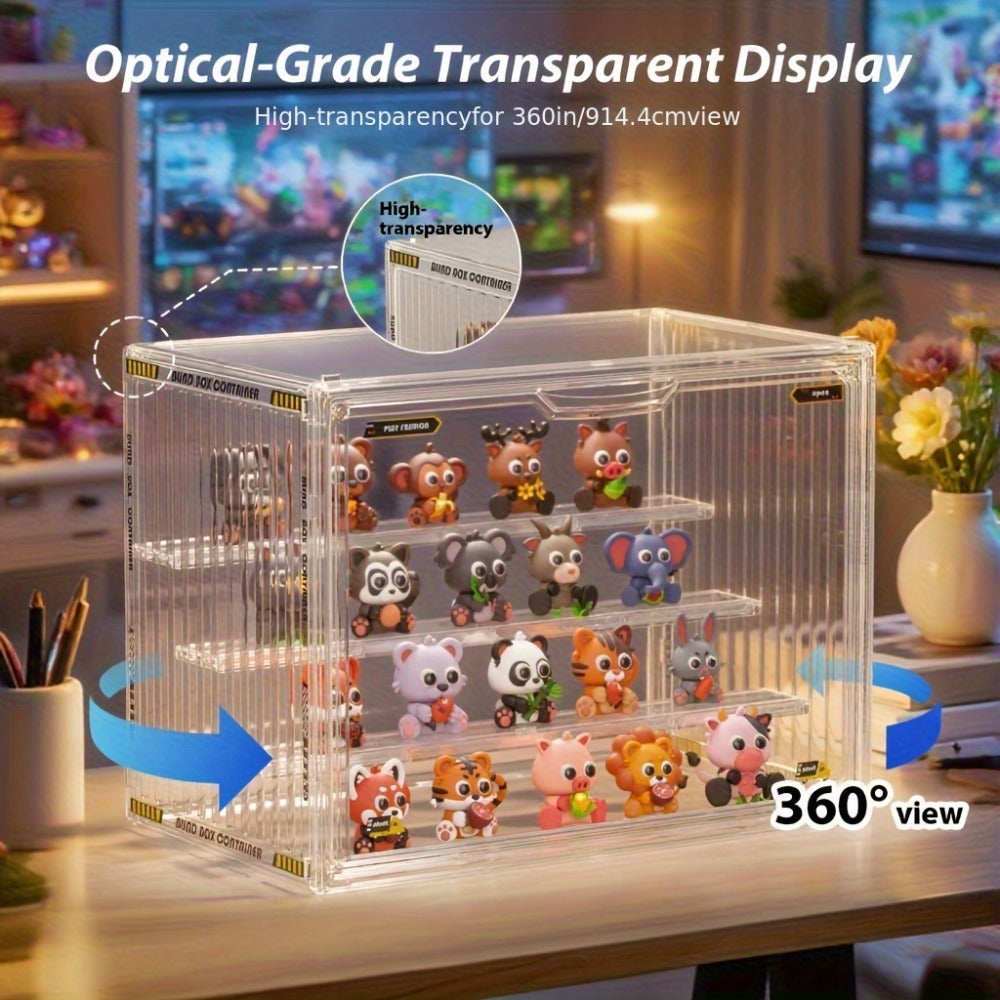 Large Four-Tier Clear Acrylic Figure Display Case with Magnetic Door and Stackable Desktop Design