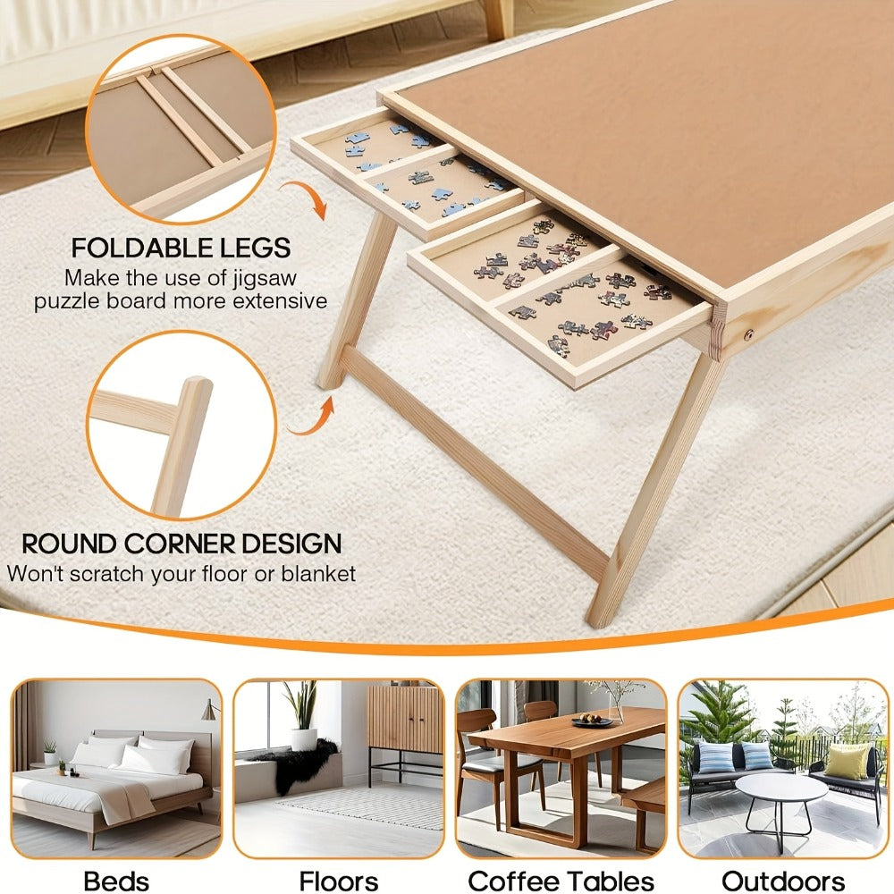 Foldable Wooden Jigsaw Puzzle Table with 4 Storage Drawers, 16 Sorting Grids and Natural-Color 1000-Piece Work Surface