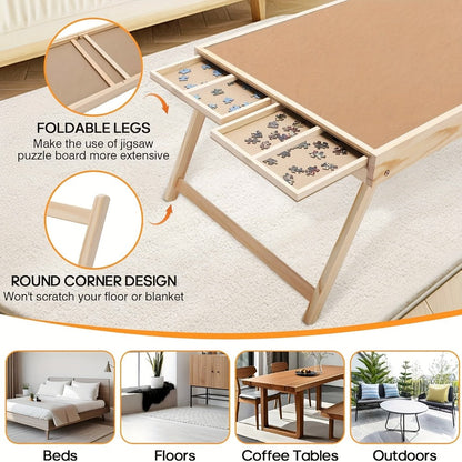 Foldable Wooden Jigsaw Puzzle Table with 4 Storage Drawers, 16 Sorting Grids and Natural-Color 1000-Piece Work Surface
