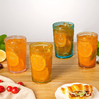 Vintage Embossed Drinking Glasses, Six-Piece 14-Ounce Tumbler Set in Six Gradient Colors for Table Settings