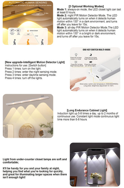 LED Strip Light Motion Sensor Bar with USB Rechargeable Power, Three White Tones, 20–50cm Sizes and One or Two Packs