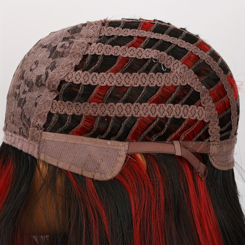 Synthetic Wig 24-Inch Straight Style with Red Highlights, A-Shape Bangs and Adjustable Rose Net Cap