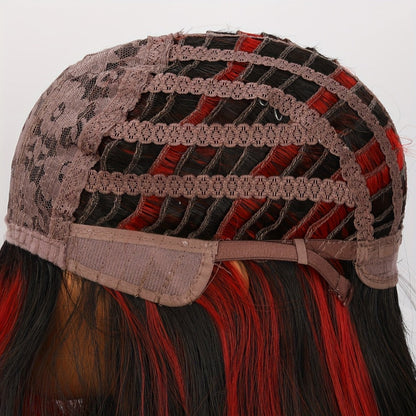 Synthetic Wig 24-Inch Straight Style with Red Highlights, A-Shape Bangs and Adjustable Rose Net Cap
