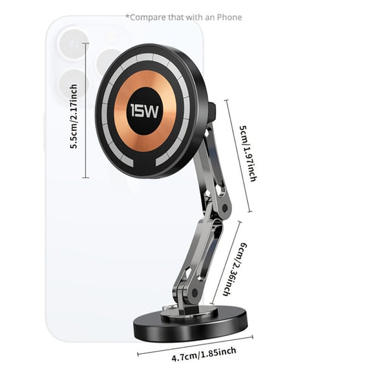 Magnetic Car Phone Mount 15W Wireless Charging – 360° Rotation, Foldable Stand, Super Magnetic Grip, Universal Fit for iPhone 12+ & Android Smartphones, No Battery Required