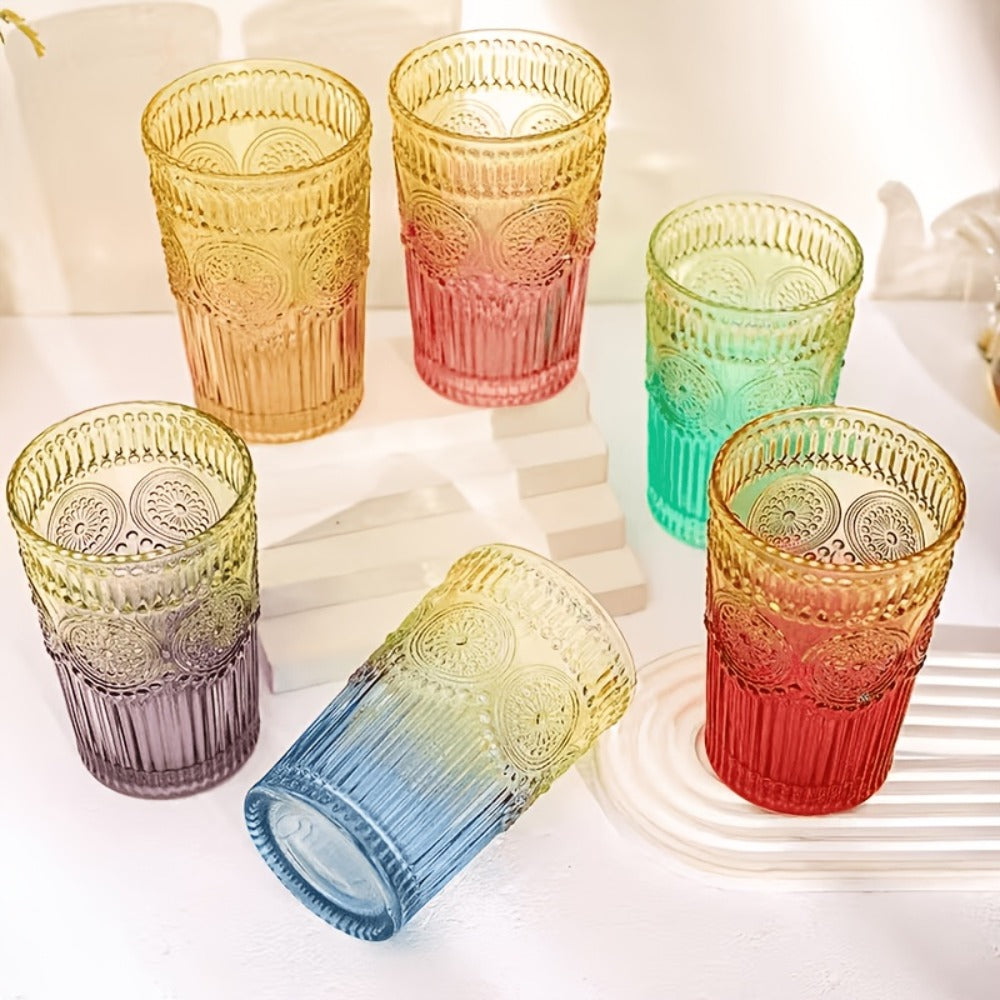 Vintage Embossed Drinking Glasses, Six-Piece 14-Ounce Tumbler Set in Six Gradient Colors for Table Settings