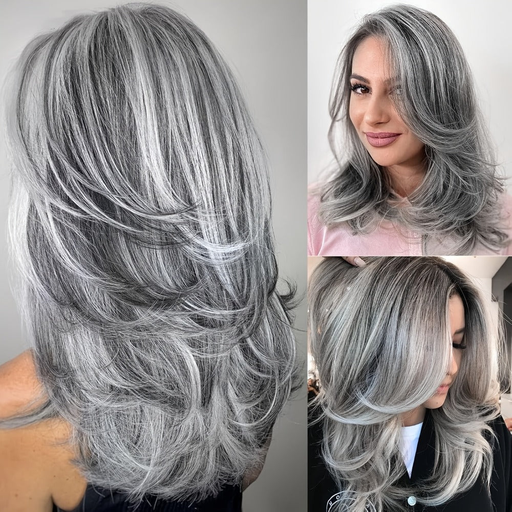 Synthetic Wig 18-Inch Layered Silvery Waves with Highlights in Two Colors and Rose Net Cap