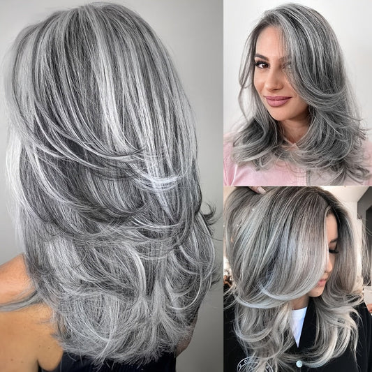 Synthetic Wig 18-Inch Layered Silvery Waves with Highlights in Two Colors and Rose Net Cap