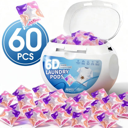Laundry Detergent Gel Pods, 60-Count 480g Pack in a Clear Six-Cell Handled Storage Tub with Multicolor Pods