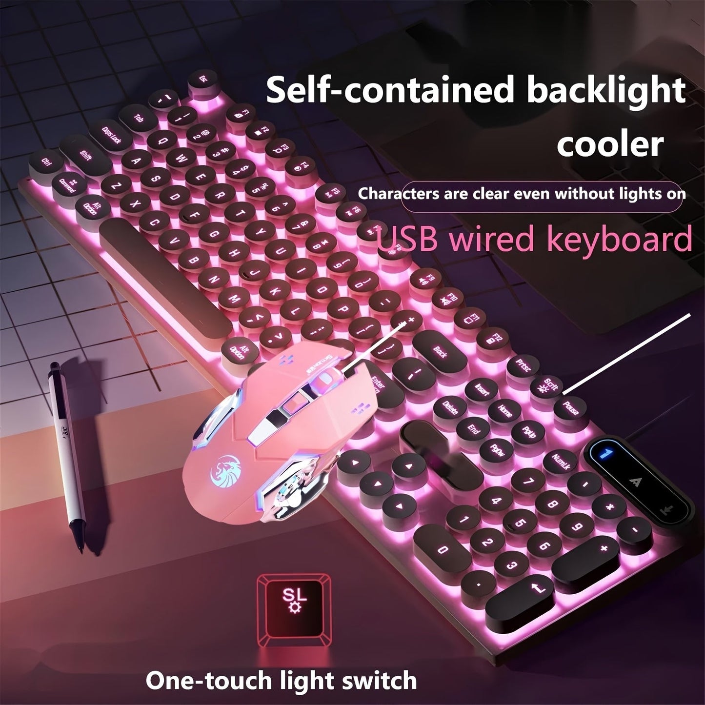 Retro Round-Key Wired Keyboard and 6D Mouse Set with Pink or Blue USB Color Options and One-Touch Lighting