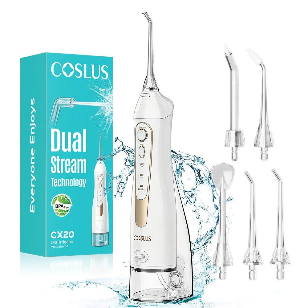 Water Flosser COSLUS CX20 Cordless Oral Irrigator with 300ml Detachable Tank, Five Tips, Rotating Nozzle and Gold Accents
