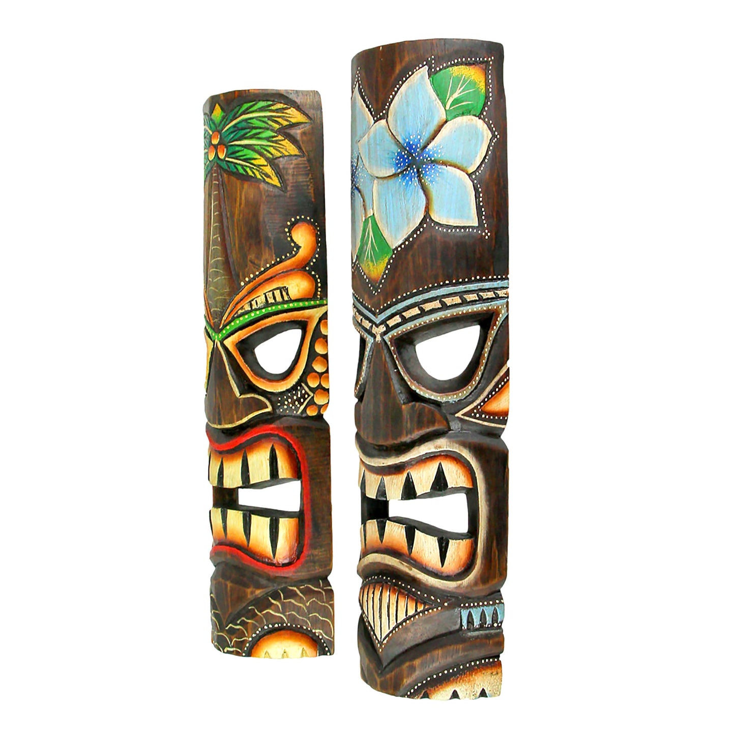 Two-Piece Multicolored Tropical Wall Mask Set with Pictured Palm and Flower Motifs and Carved-Look Details