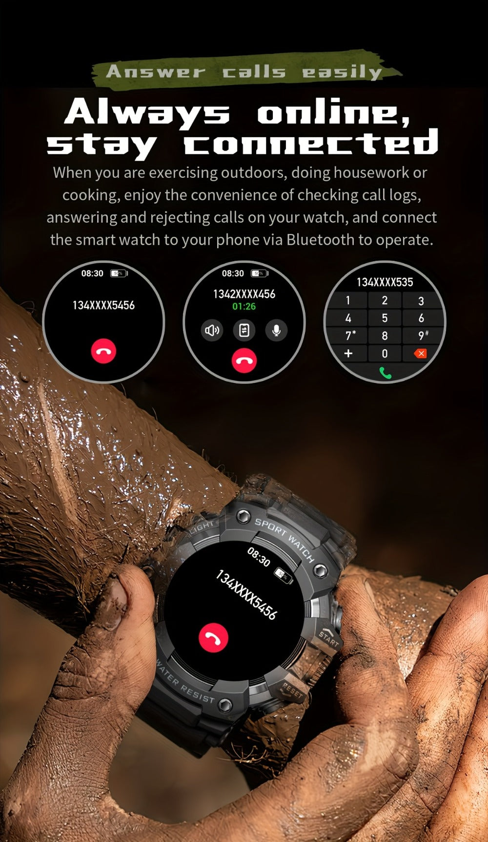 Smartwatch for Men 1.32 Inch Tactical Watch with LED Flashlight, SOS and 100+ Sport Modes in Eleven Colors