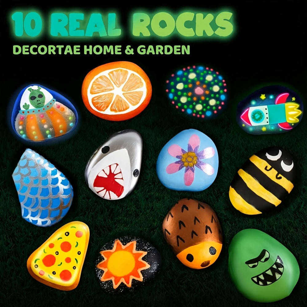 Rock Painting Kit for Kids Glow in the Dark – 10 Rocks Metallic & Glow Paints Gems Glitter Brushes Stickers All-in-One Craft Set for Boys Girls Ages 6+ Birthday Easter Christmas Gift