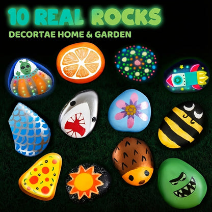 Rock Painting Kit for Kids Glow in the Dark – 10 Rocks Metallic & Glow Paints Gems Glitter Brushes Stickers All-in-One Craft Set for Boys Girls Ages 6+ Birthday Easter Christmas Gift